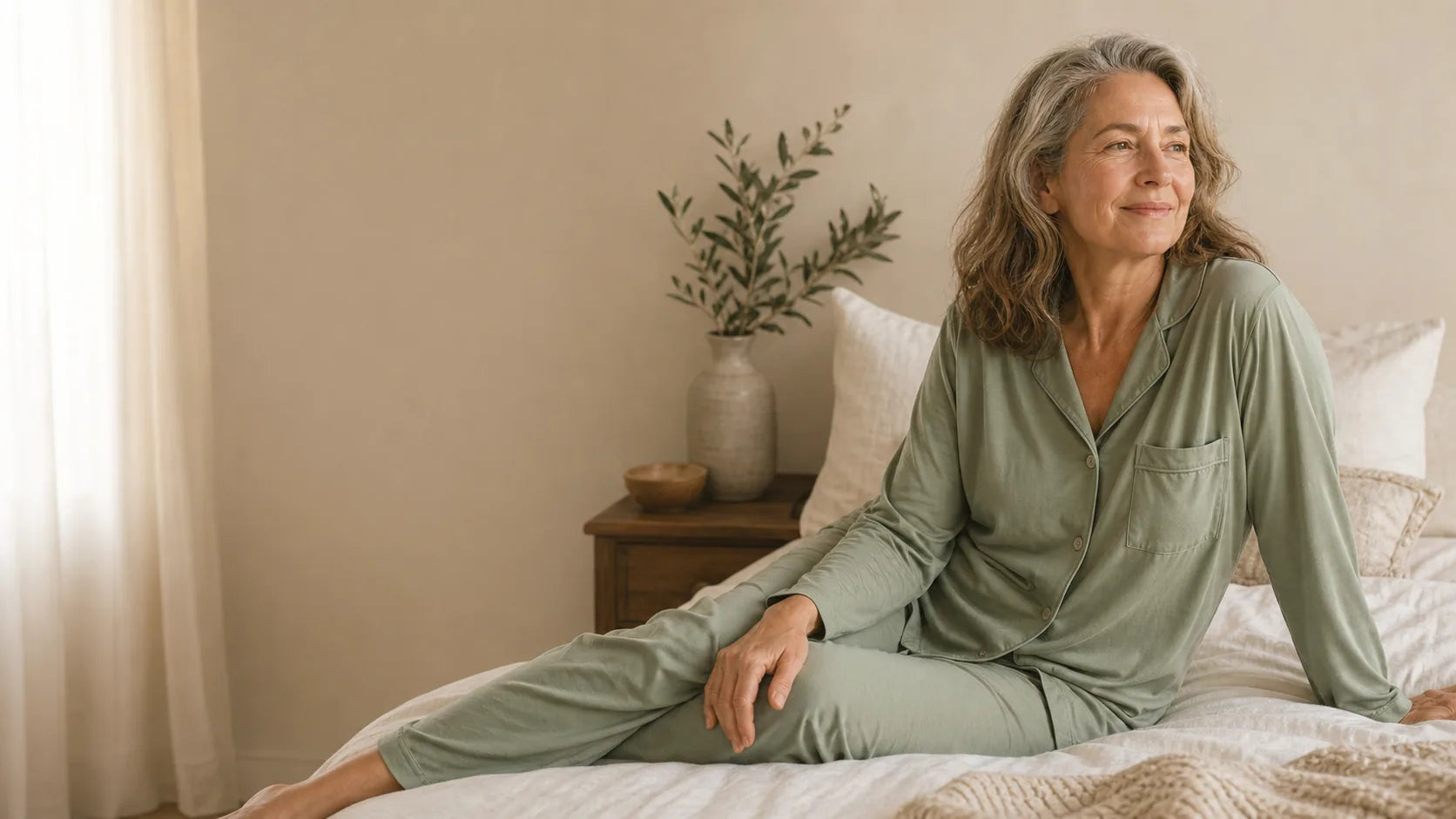 SagePause woman in sage cooling sleepwear sitting on bed