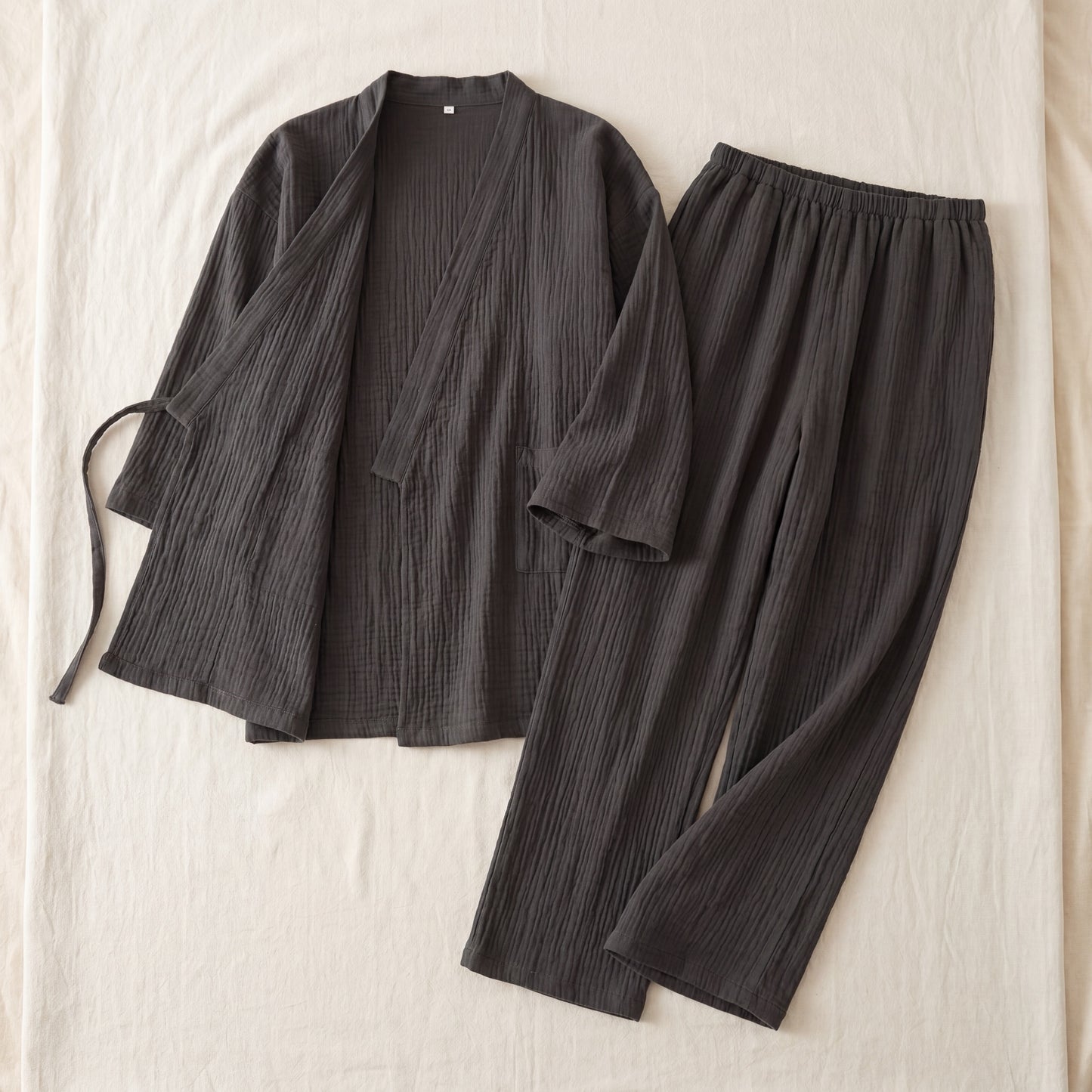 SagePause kimono pajama set in charcoal — flatlay, both pieces