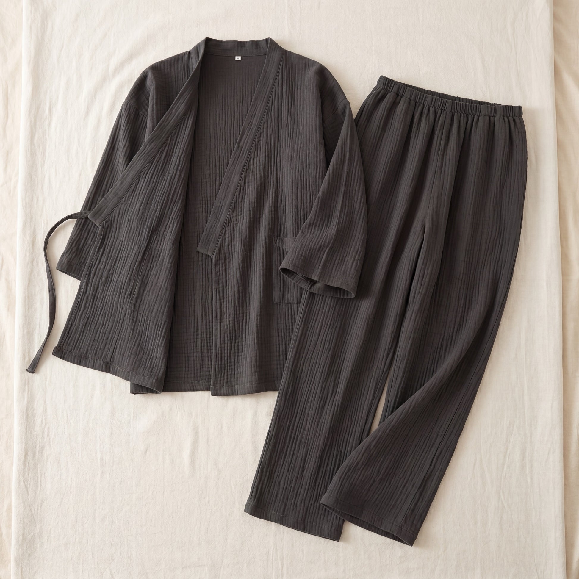 SagePause kimono pajama set in charcoal — flatlay, both pieces