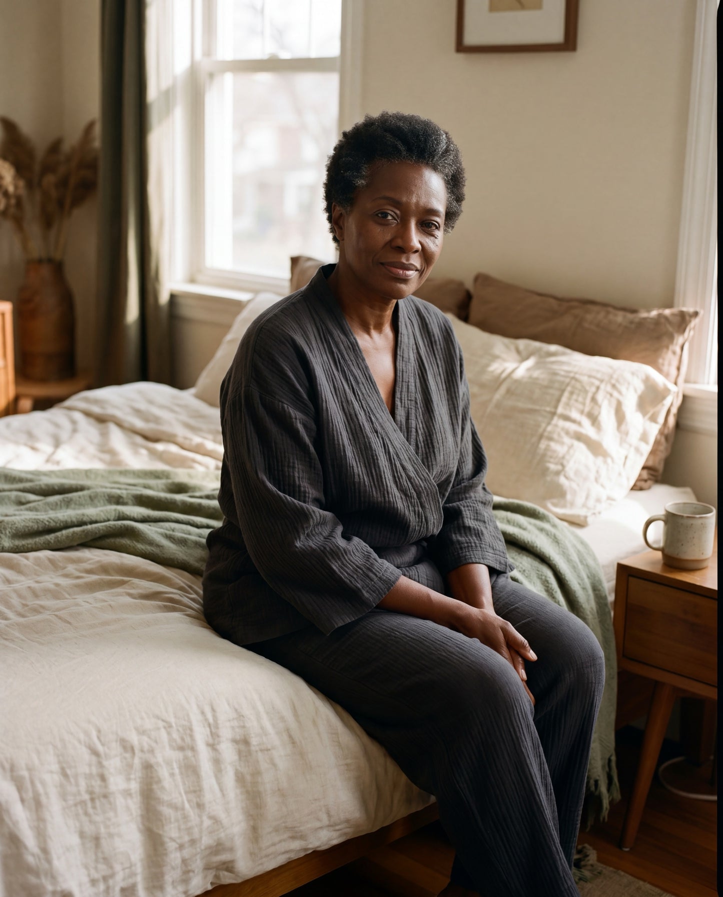 SagePause kimono pajama set in charcoal — bed-edge morning
