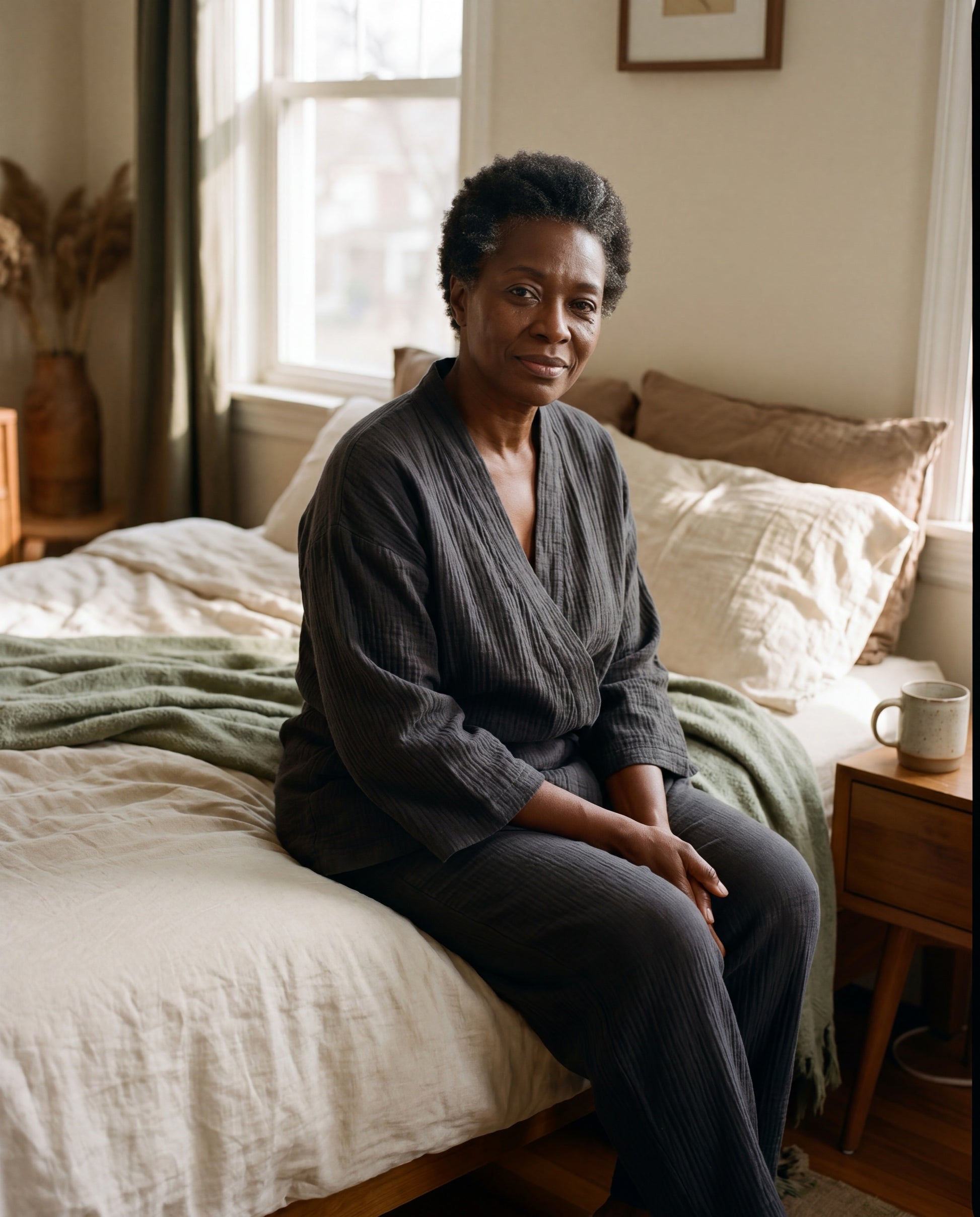 SagePause kimono pajama set in charcoal — bed-edge morning