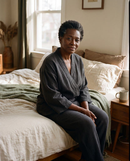 SagePause kimono pajama set in charcoal — bed-edge morning