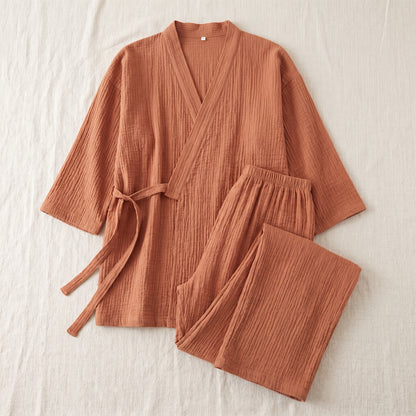 SagePause kimono pajama set in clay — flatlay, both pieces