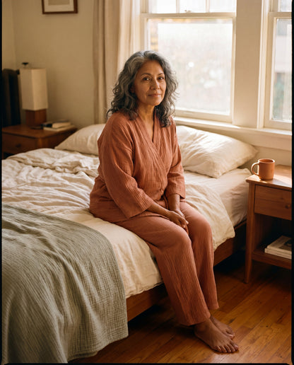 SagePause kimono pajama set in clay — bed-edge morning