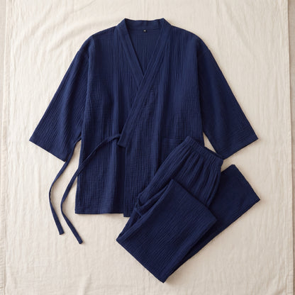 SagePause kimono pajama set in navy — flatlay, both pieces