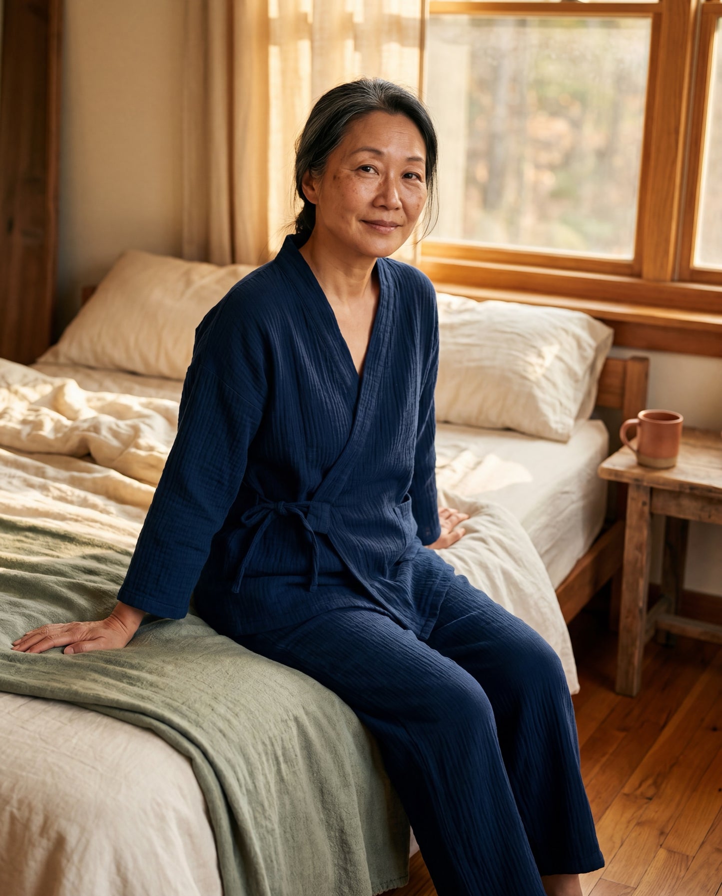 SagePause kimono pajama set in navy — bed-edge morning
