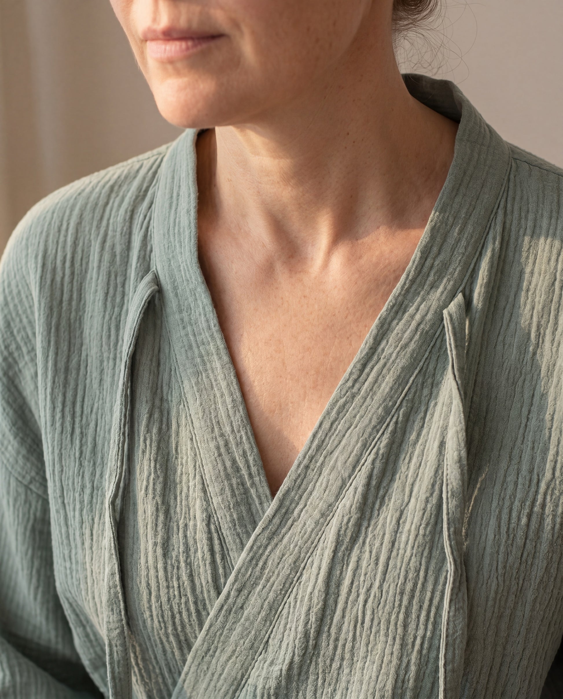 SagePause kimono pajama set in sage — open V-neck detail, no buttons or fitted collar
