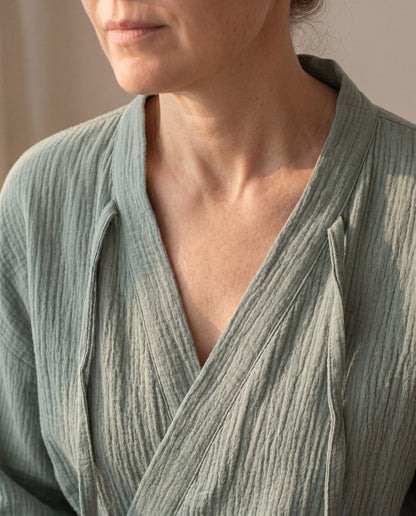 SagePause kimono pajama set in sage — open V-neck detail, no buttons or fitted collar