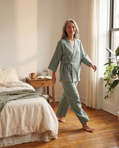 SagePause kimono pajama set in sage — loose drape in motion