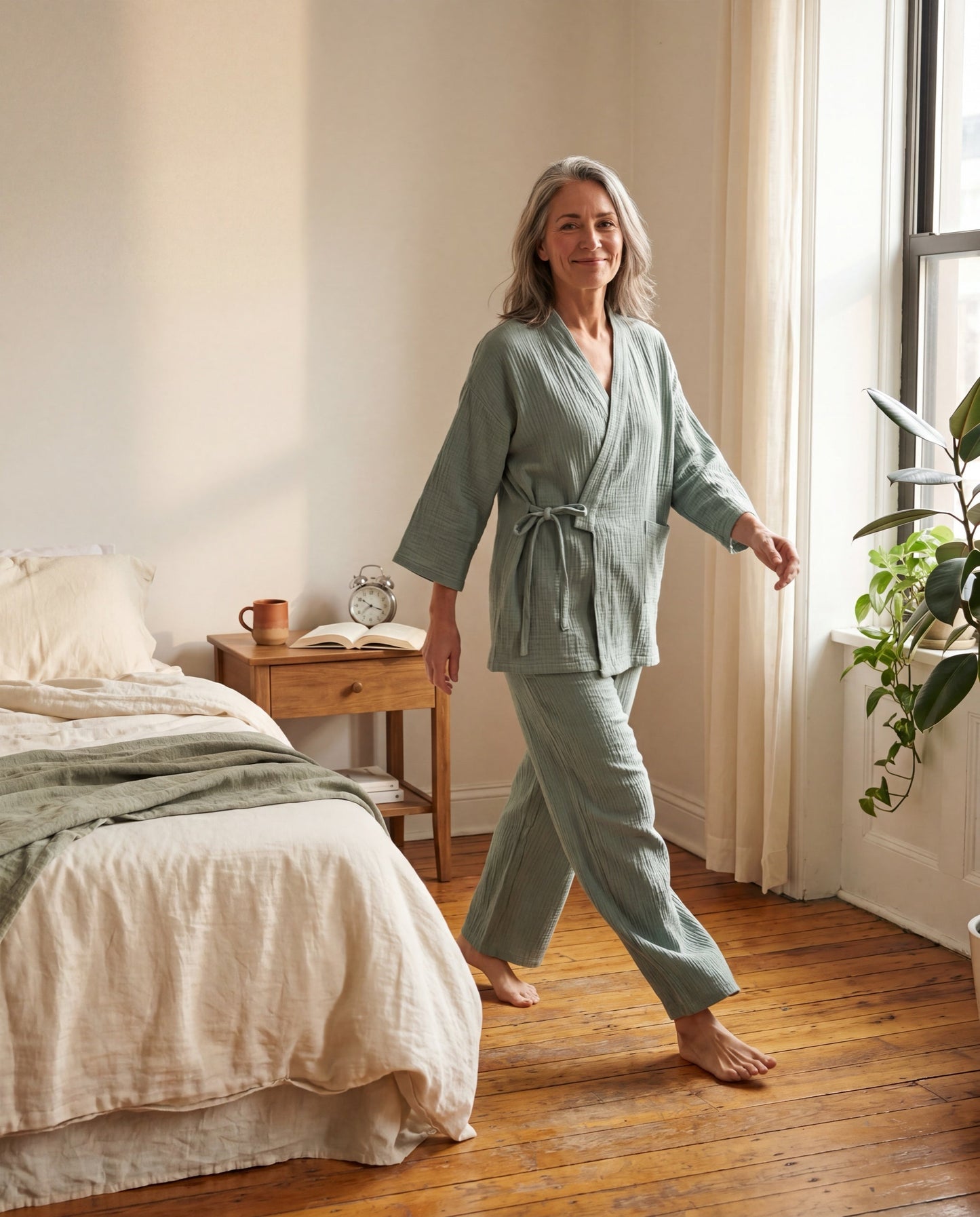 SagePause sleep shirt — loose drape in motion