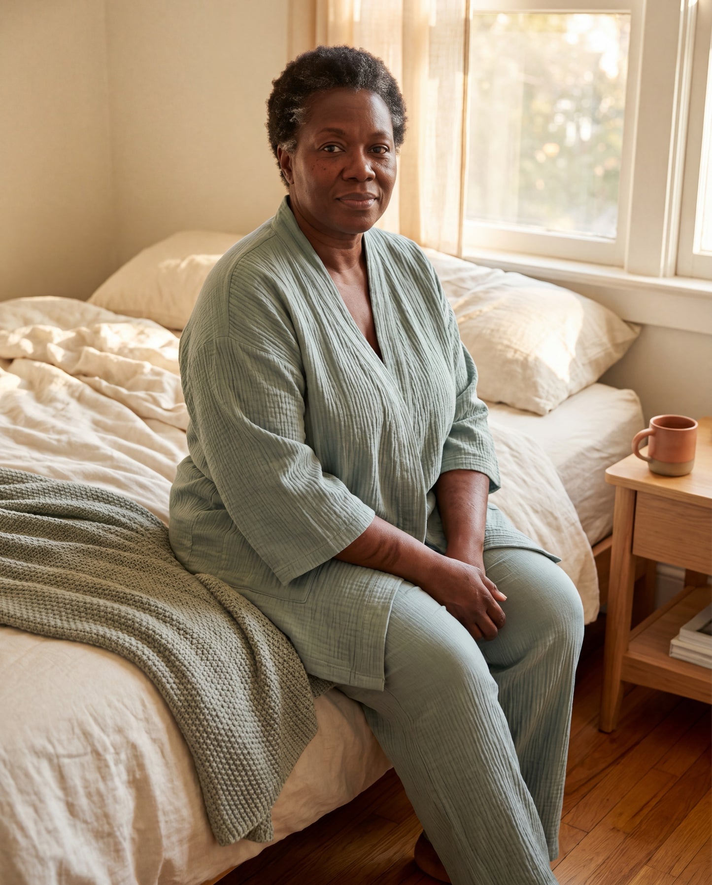 SagePause kimono pajama set in sage — fits plus sizes — bed-edge morning