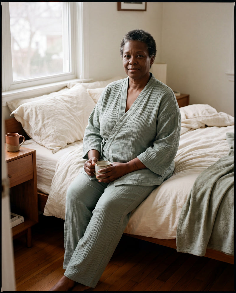 Customer photo placeholder — plus-size customer in sage kimono on bed-edge