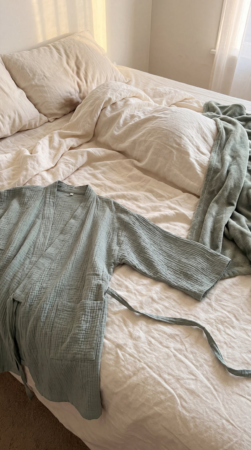 Customer photo placeholder — kimono on bed after a full night's sleep
