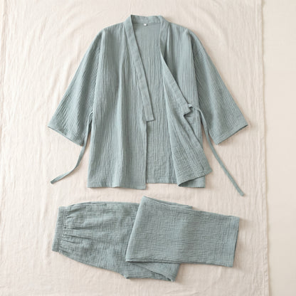 SagePause kimono pajama set in sage — flatlay (front view) — both pieces
