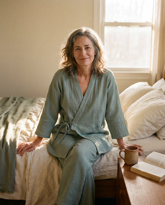 SagePause kimono pajama set in sage — lifestyle 01